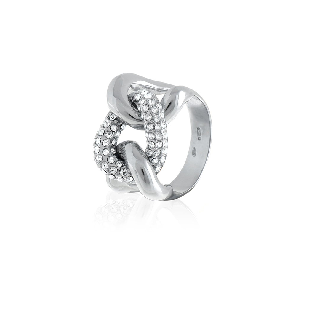 Λευκό ασημένιο δαχτυλίδι με μικρό σύνδεσμο αλυσίδας και λευκά ζιργκόν.