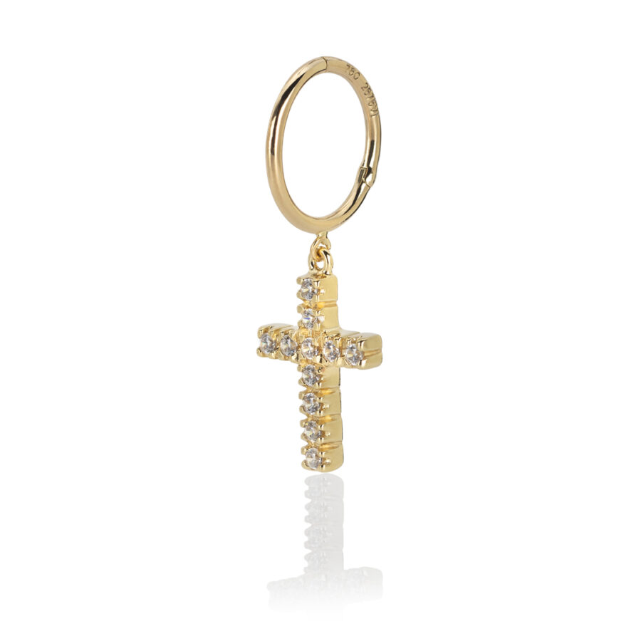 Single Cross Pendant earring in 18 Carat Yellow Gold with White Zircons F-09265-OG09