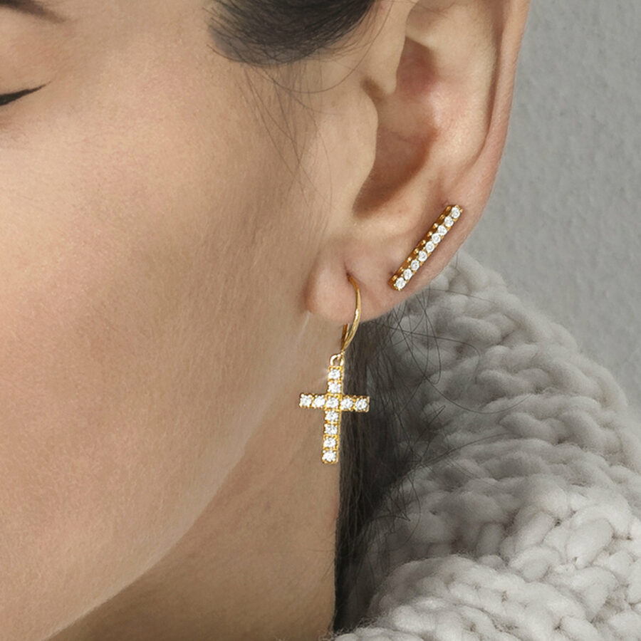 Single Cross Pendant earring in 18 Carat Yellow Gold with White Zircons F-09265-OG09